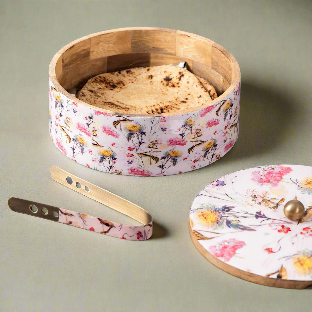 wooden with pink epoxy print chapati box/casserole/wooden box with tong